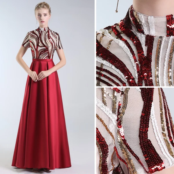 Luxury / Gorgeous Burgundy Evening Dresses  2019 A-Line / Princess High Neck Lace Sequins Short Sleeve Floor-Length / Long Formal Dresses
