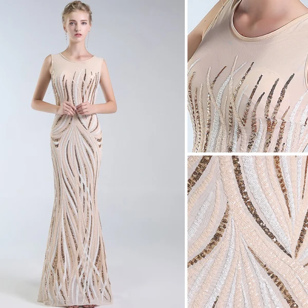 Chic / Beautiful Champagne Evening Dresses 2019 A-Line / Princess Scoop Neck Sequins Sleeveless Floor-Length / Long Formal Dresses