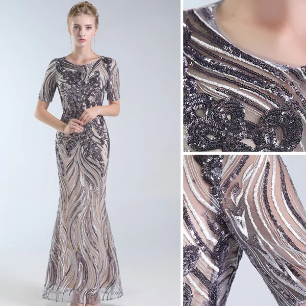 Charming Grey Evening Dresses  2019 A-Line / Princess Scoop Neck Lace Sequins Short Sleeve Floor-Length / Long Formal Dresses