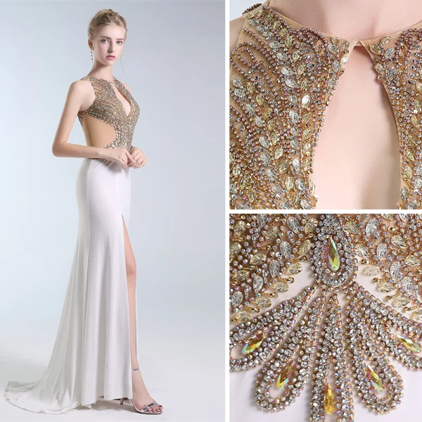 Luxury / Gorgeous Ivory Handmade  Beading Evening Dresses  2019 Trumpet / Mermaid Scoop Neck Crystal Rhinestone Sleeveless Split Front Sweep Train Formal Dresses