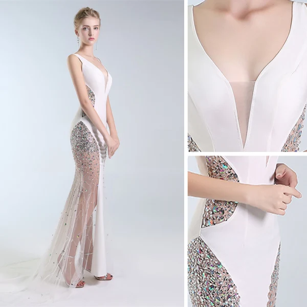 Sexy Ivoire Transparentes Robe De Soirée 2019 Trompette / Sirène V-Cou Paillettes Faux Diamant Sans Manches Dos Nu Train De Balayage Robe De Ceremonie