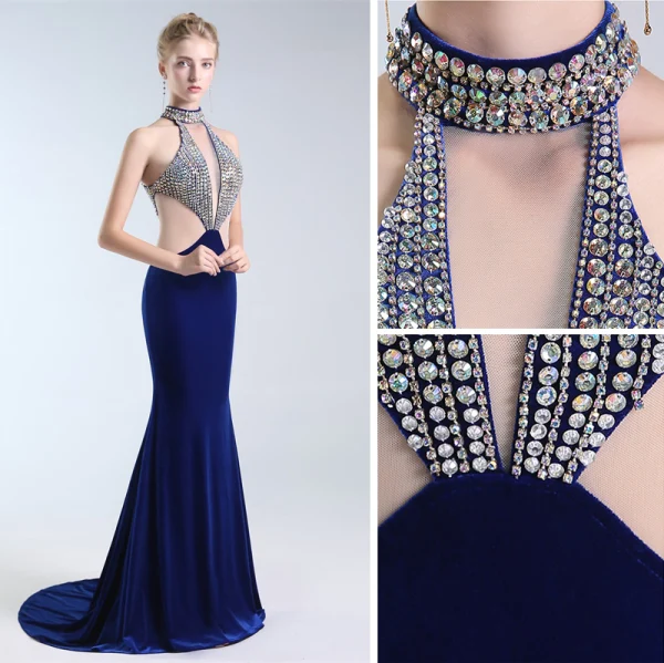 Luxe Bleu Marine Robe De Soirée 2019 Trompette / Sirène Titulaire Faux Diamant Daim Sans Manches Dos Nu Train De Balayage Robe De Ceremonie