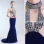 Luxe Bleu Marine Robe De Soirée 2019 Trompette / Sirène Titulaire Faux Diamant Daim Sans Manches Dos Nu Train De Balayage Robe De Ceremonie