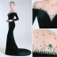 Elegant Dark Green Evening Dresses  2019 A-Line / Princess Scoop Neck Suede Crystal Sequins Long Sleeve Sweep Train Formal Dresses