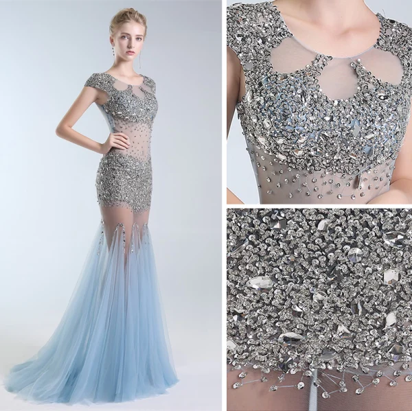 Sexy Bleu Ciel Transparentes Robe De Soirée 2019 Trompette / Sirène Encolure Dégagée Perlage Paillettes Mancherons Longue Robe De Ceremonie