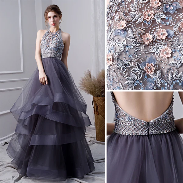 Sexy Bleu Marine Perlage Robe De Bal 2019 Princesse Titulaire Appliques Cristal Faux Diamant Sans Manches Dos Nu Volants en Cascade Longue Robe De Ceremonie