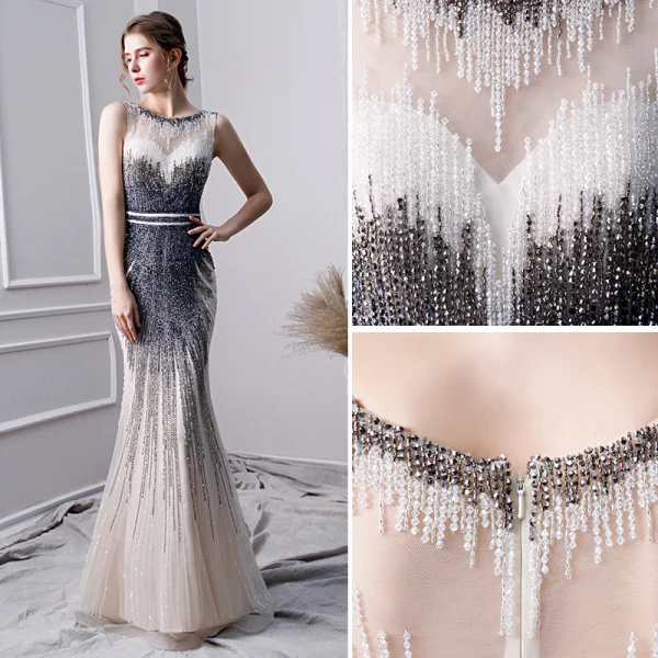 Luxus Gradient Farve Håndlavet Beading Selskabskjoler 2019 Havfrue Scoop Neck Krystal Ærmeløs Lange Kjoler