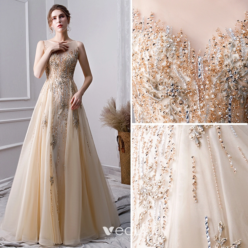 Luxury / Gorgeous Gold Handmade Beading Evening Dresses 2019 A