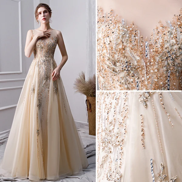 Luxe Doré Fait main Perlage Robe De Soirée 2019 Princesse Encolure Dégagée Cristal En Dentelle Fleur Perle Paillettes Sans Manches Longue Robe De Ceremonie