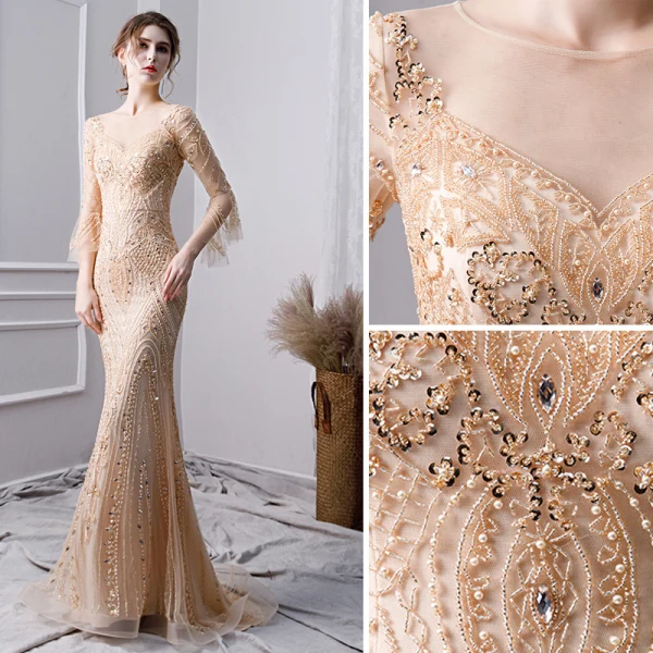 Luxury / Gorgeous Gold Handmade Beading Evening Dresses 2019 Trumpet / Mermaid Scoop Neck Pearl Crystal Rhinestone Sequins 3/4 Sleeve Floor-Length / Long Formal Dresses