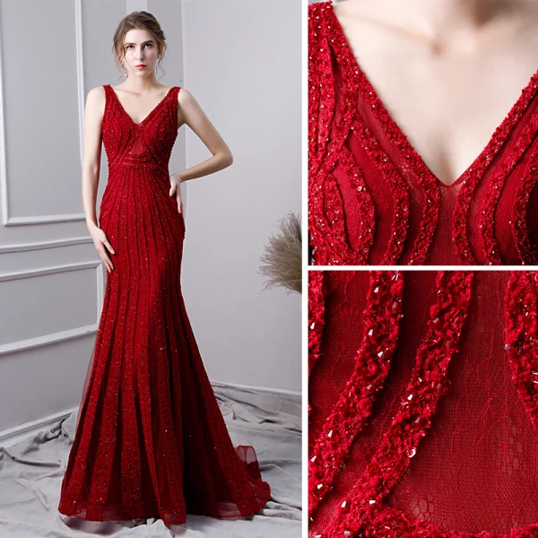 Luxury / Gorgeous Burgundy Handmade  Beading Evening Dresses  2019 Trumpet / Mermaid V-Neck Crystal Lace Flower Sequins Sleeveless Sweep Train Formal Dresses