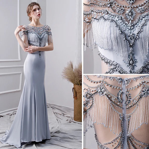 Luxury / Gorgeous Silver Handmade Beading Evening Dresses 2019 Trumpet / Mermaid Scoop Neck Pearl Tassel Crystal Sequins Short Sleeve Sweep Train Formal Dresses