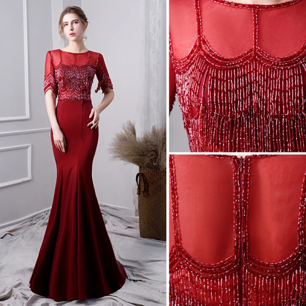 Luxury / Gorgeous Burgundy Evening Dresses  2019 Trumpet / Mermaid Scoop Neck Beading Crystal Tassel Short Sleeve Sweep Train Formal Dresses