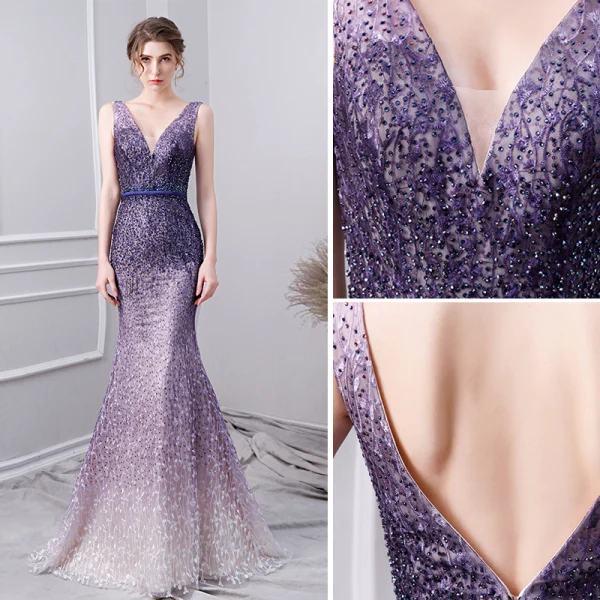 Charmant Dégradé De Couleur Violet Robe De Soirée 2019 Trompette / Sirène V-Cou Perlage Cristal En Dentelle Fleur Faux Diamant Sans Manches Dos Nu Ceinture Longue Robe De Ceremonie