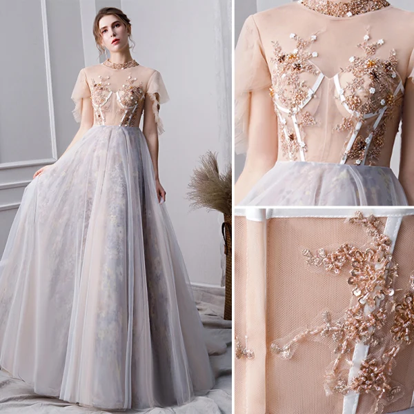 Elegant Grey Prom Dresses 2019 A-Line / Princess Beading High Neck Pearl Crystal Lace Flower Sequins Short Sleeve Floor-Length / Long Formal Dresses