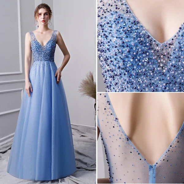 Chic / Beautiful Sky Blue Handmade  Beading Prom Dresses 2019 A-Line / Princess V-Neck Pearl Rhinestone Sequins Sleeveless Backless Floor-Length / Long Formal Dresses
