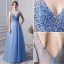 Chic / Beautiful Sky Blue Handmade  Beading Prom Dresses 2019 A-Line / Princess V-Neck Pearl Rhinestone Sequins Sleeveless Backless Floor-Length / Long Formal Dresses