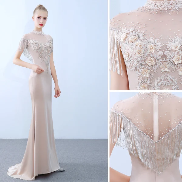 Élégant Champagne Robe De Soirée 2019 Trompette / Sirène Col Haut Perlage Gland Perle Appliques En Dentelle Fleur Manches Courtes Train De Balayage Robe De Ceremonie