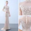 Élégant Champagne Robe De Soirée 2019 Trompette / Sirène Col Haut Perlage Gland Perle Appliques En Dentelle Fleur Manches Courtes Train De Balayage Robe De Ceremonie