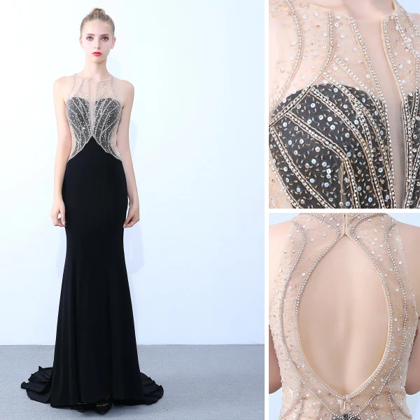 Sexy Black Evening Dresses  2019 Trumpet / Mermaid Scoop Neck Beading Sequins Rhinestone Sleeveless Backless Sweep Train Formal Dresses