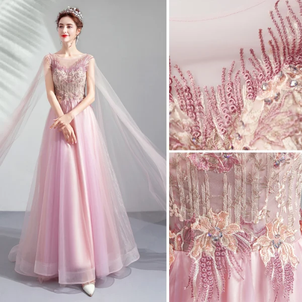 Élégant Rose Bonbon Robe De Ceremonie 2019 Princesse Encolure Dégagée En Dentelle Fleur Cristal Manches Courtes Dos Nu Longue Robe De Bal