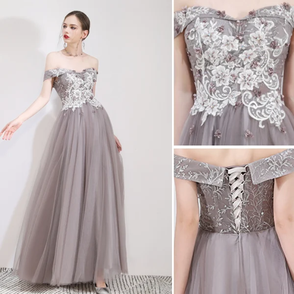 Chic / Beautiful Grey Evening Dresses  2019 A-Line / Princess Off-The-Shoulder Lace Flower Appliques Short Sleeve Backless Floor-Length / Long Formal Dresses