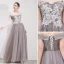 Chic / Beautiful Grey Evening Dresses  2019 A-Line / Princess Off-The-Shoulder Lace Flower Appliques Short Sleeve Backless Floor-Length / Long Formal Dresses