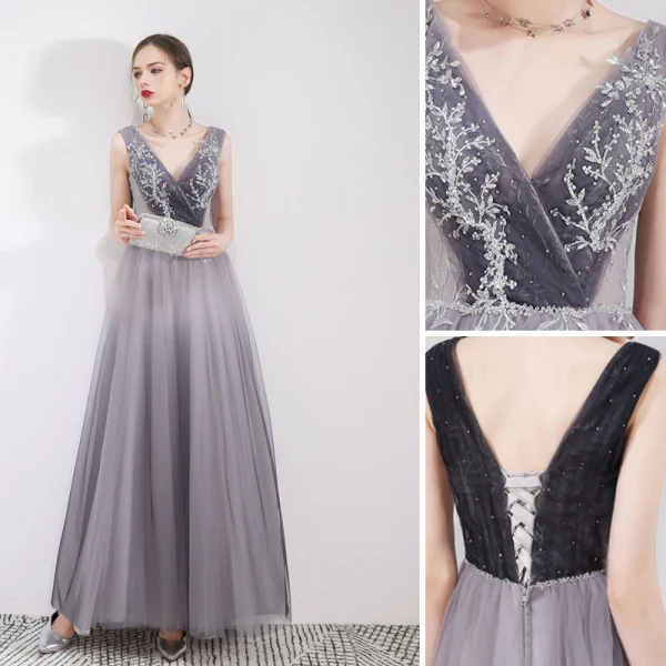 Elegant Grey Evening Dresses  2019 A-Line / Princess V-Neck Crystal Lace Flower Sleeveless Backless Floor-Length / Long Formal Dresses