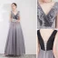 Elegant Grey Evening Dresses  2019 A-Line / Princess V-Neck Crystal Lace Flower Sleeveless Backless Floor-Length / Long Formal Dresses