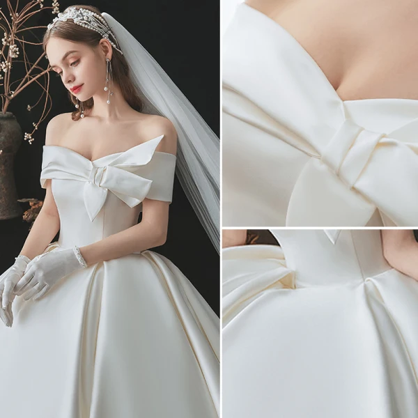 Modest / Simple Elegant Ivory Satin Wedding Dresses 2021 Ball Gown Off-The-Shoulder Bow Short Sleeve Backless Royal Train Wedding
