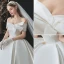 Modest / Simple Elegant Ivory Satin Wedding Dresses 2021 Ball Gown Off-The-Shoulder Bow Short Sleeve Backless Royal Train Wedding