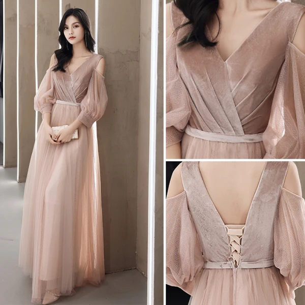 Simple Rougissant Rose Daim Robe Demoiselle D'honneur 2021 Princesse V-Cou Manches Courtes Dos Nu Longue Robe Pour Mariage