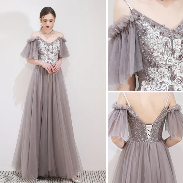 Élégant Gris Robe De Soirée 2019 Princesse Bretelles Spaghetti Appliques En Dentelle Fleur Manches Courtes Dos Nu Longue Robe De Ceremonie