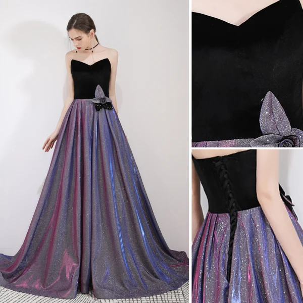 Sjarmerende Purple Stjernehimmelen Selskapskjoler 2019 Prinsesse Suede Strapless Glitter Polyester Appliques Uten Ermer Ryggløse Feie Tog Formelle Kjoler