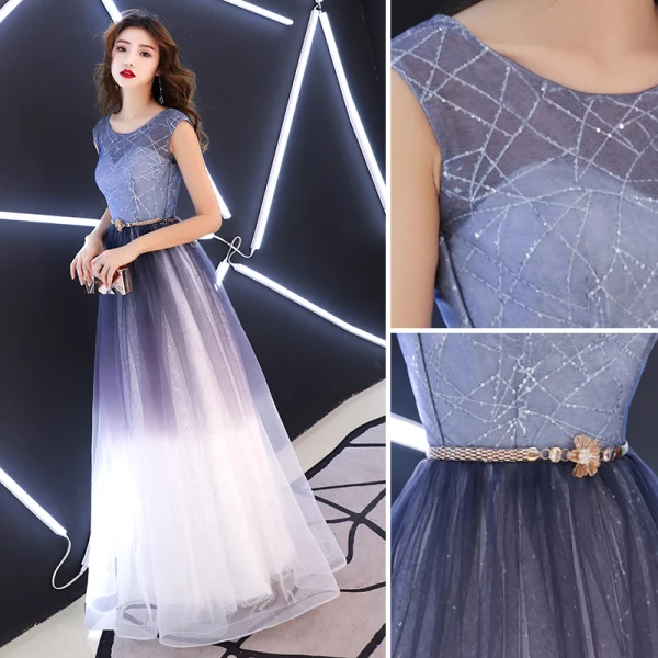 Charmant Grape Dégradé De Couleur 2019 Princesse Robe De Soirée Encolure Dégagée Paillettes Métal Ceinture Sans Manches Dos Nu Longue Robe De Ceremonie