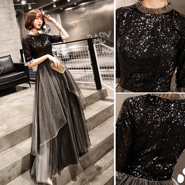 Charming Black Evening Dresses 2019 A-Line / Princess Scoop Neck Sequins 1/2 Sleeves Floor-Length / Long Formal Dresses