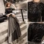 Charming Black Evening Dresses  2019 A-Line / Princess Scoop Neck Sequins 1/2 Sleeves Floor-Length / Long Formal Dresses