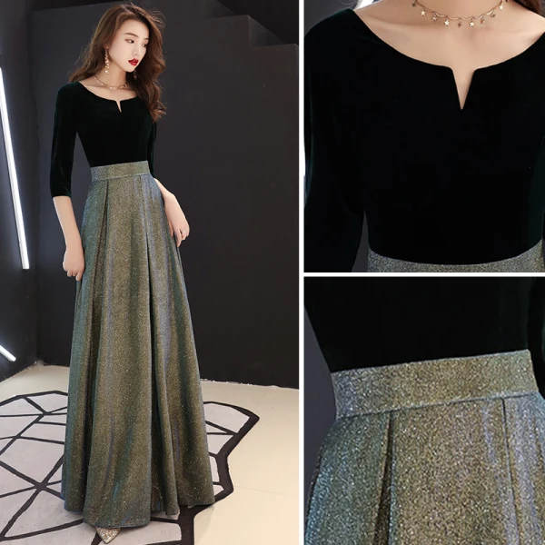 Elegant Svart Selskapskjoler 2019 Prinsesse Suede Scoop Halsen Glitter Polyester 3/4 Ermer Lange Formelle Kjoler