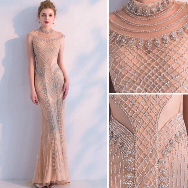 Luxury / Gorgeous Champagne Handmade  Beading Evening Dresses  2019 Trumpet / Mermaid High Neck Crystal Rhinestone Sleeveless Floor-Length / Long Formal Dresses