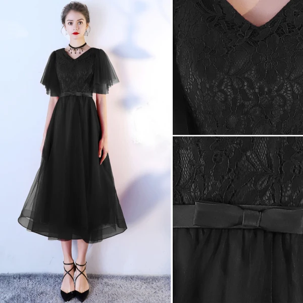 Chic / Beautiful Black Homecoming Graduation Dresses 2019 A-Line / Princess V-Neck Bow Lace Flower Short Sleeve Tea-length Formal Dresses