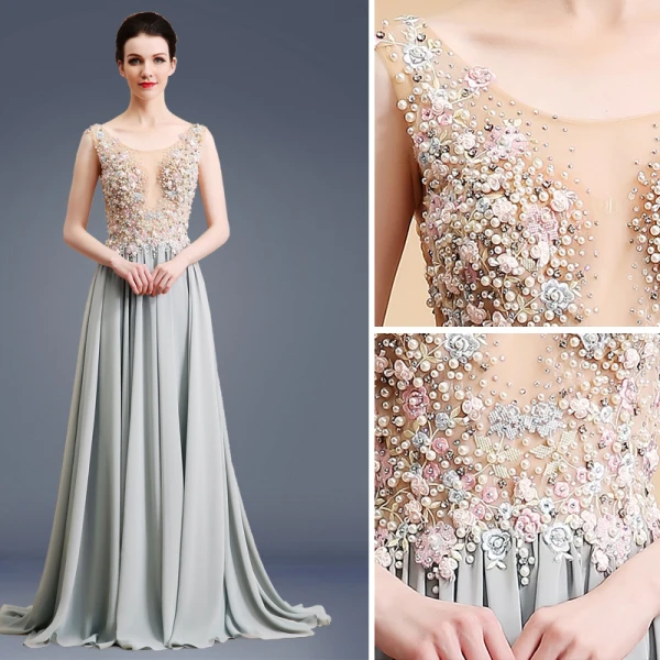 Élégant Gris Robe De Bal 2019 Princesse Encolure Dégagée Perlage Perle Faux Diamant Appliques En Dentelle Fleur Sans Manches Train De Balayage Robe De Ceremonie