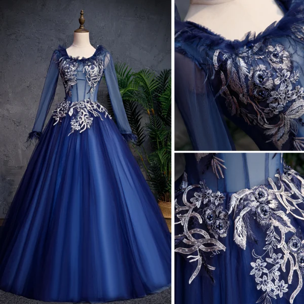 Élégant Bleu Marine Robe De Bal 2019 Princesse Encolure Dégagée En Dentelle Fleur Perle Manches Longues Dos Nu Longue Robe De Ceremonie