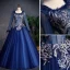 Élégant Bleu Marine Robe De Bal 2019 Princesse Encolure Dégagée En Dentelle Fleur Perle Manches Longues Dos Nu Longue Robe De Ceremonie