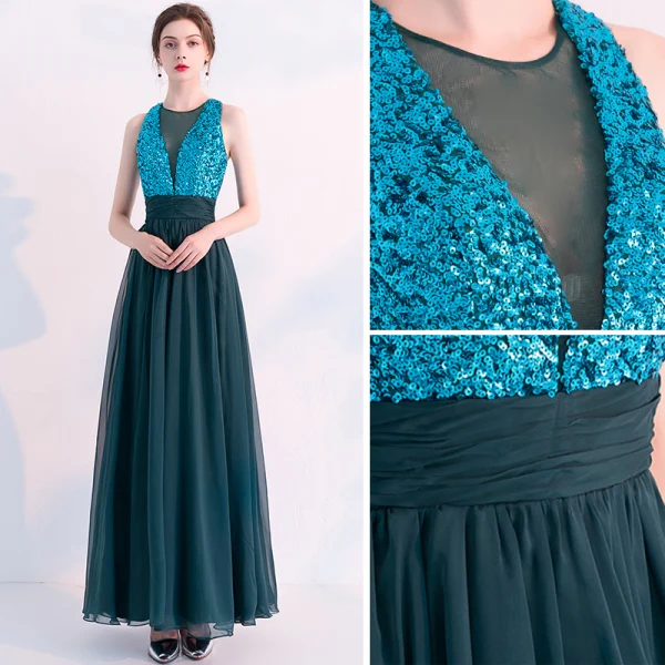 Scintillantes Vert Foncé Robe De Soirée 2019 Princesse Encolure Dégagée Paillettes Sans Manches Dos Nu Longue Robe De Ceremonie