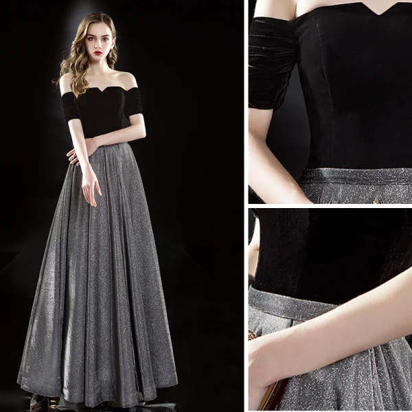 Elegant Svart Selskapskjoler 2019 Prinsesse Suede Av Skulderen Glitter Polyester Korte Ermer Ryggløse Lange Formelle Kjoler