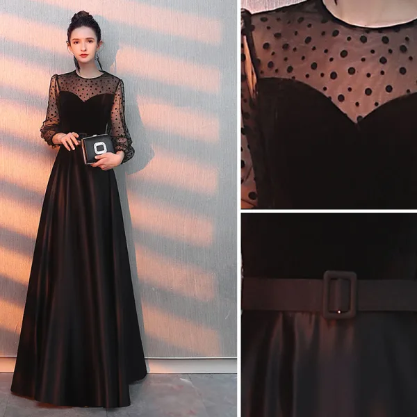 Elegant Black Evening Dresses 2019 A-Line / Princess Scoop Neck Suede Spotted Sash Long Sleeve Floor-Length / Long Formal Dresses