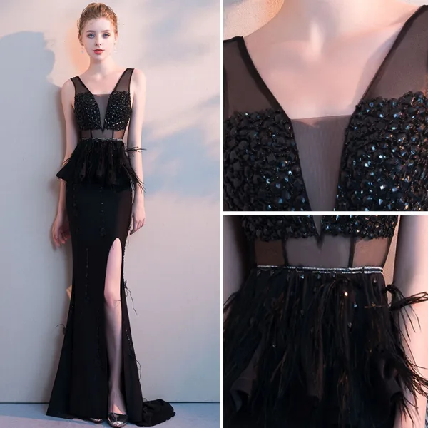 Sexy Noire Robe De Soirée 2019 Trompette / Sirène V-Cou Perlage Cristal Appliques Gland Sans Manches Dos Nu Asymétrique Robe De Ceremonie