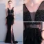 Sexy Noire Robe De Soirée 2019 Trompette / Sirène V-Cou Perlage Cristal Appliques Gland Sans Manches Dos Nu Asymétrique Robe De Ceremonie