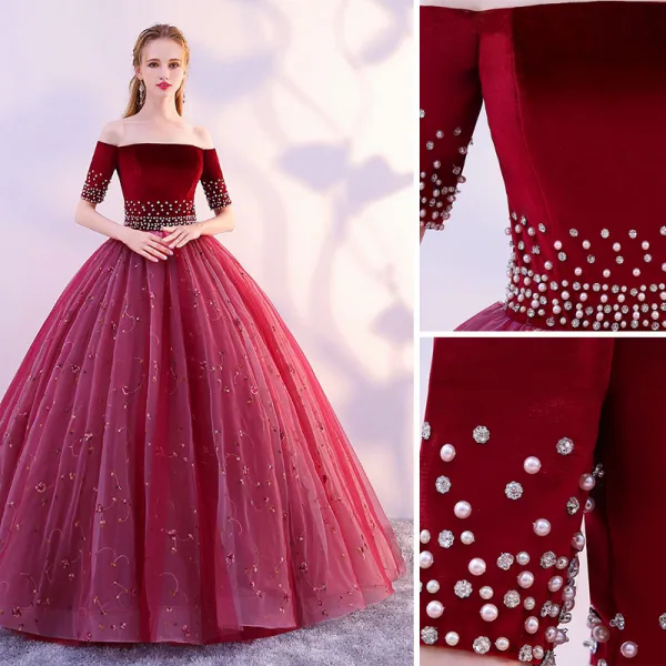 Élégant Bordeaux Robe De Bal 2019 Princesse De l'épaule Daim Fleur Perle En Dentelle Manches Courtes Dos Nu Longue Robe De Ceremonie