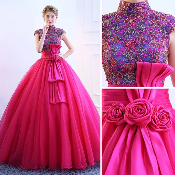 Vintage / Retro Fuchsia Prom Dresses 2019 Ball Gown High Neck Lace Flower Sequins Bow Short Sleeve Floor-Length / Long Formal Dresses